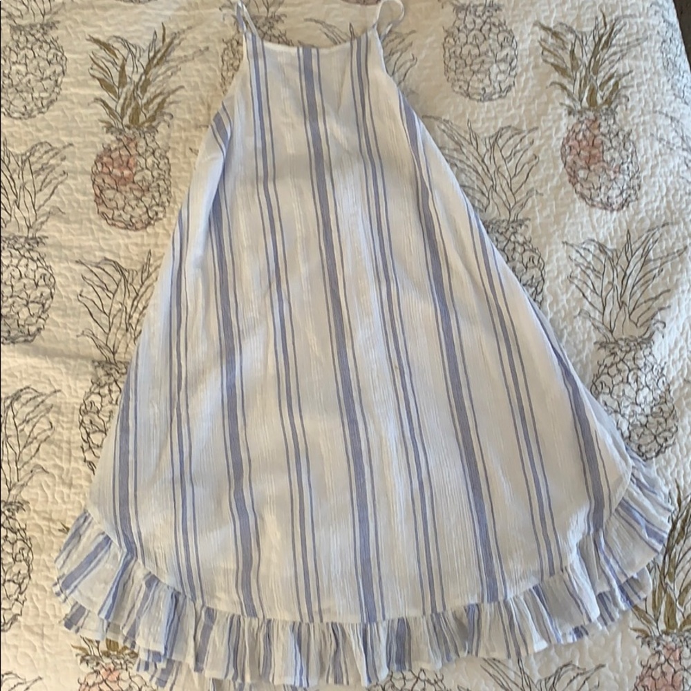 ONEILL WHITE DRESS WITH BLUE STRIPES RUFFLE TRIM